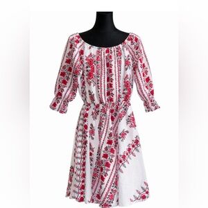 Boho Red Floral Embroidered Peasant Dress White Folk Mini M  Cottagecore